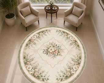 Round Floral Area Rug, Sage Green Cream Rug, Vintage Inspired Medallion Rug, Elegant Bedroom Rug, Traditional Home Decor