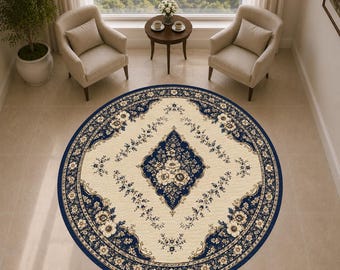 Navy Blue Floral Round Rug, Vintage Cream Round Area Rug, Traditional Medallion Carpet, Elegant Botanical Living Room & Bedroom Decor