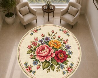 Vintage Floral Round Rug, Pink Rose Circle Rug, Cottagecore Botanical Carpet, Cream Flower Rug, Shabby Chic Bedroom Decor