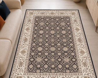 Dark Brown Floral Area Rug, Vintage Traditional Carpet, Cream Beige Classic Rug for Living Room & Bedroom