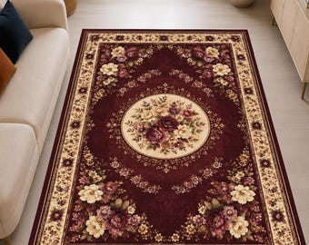 Burgundy Floral Area Rug, Vintage Medallion Rug, Dark Red Botanical Carpet, Traditional Flower Rug for Living Room and Bedroom