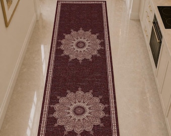 Burgundy Runner Rug, Vintage Floral Medallion Rug, Long Wine Red Hallway Rug, Traditional Decorative Carpet