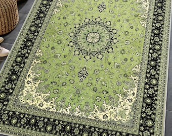 Mint Oushak Rug: Vintage Turkish Floral Medallion, Sage Green