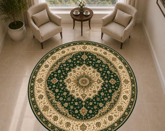 Emerald Green Round Area Rug, Floral Medallion Rug, Vintage Round Carpet, Traditional Green Rug for Living Room & Bedroom