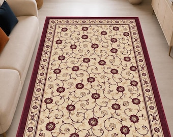 Burgundy Floral Area Rug, Vintage Beige Carpet, Traditional Oriental Style Rug, Elegant Living Room Decor