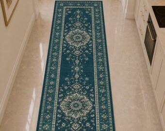 Vintage Blue Runner Rug, Distressed Floral Hallway Rug, Traditional Medallion Rug, Long Entryway Carpet, Boho Home Decor