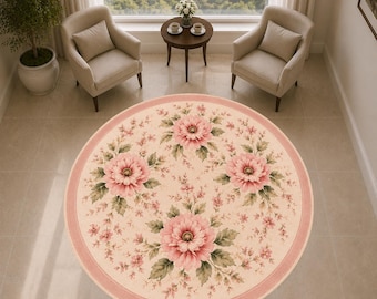 Round Pink Floral Rug, Vintage Botanical Area Rug, Romantic Flower Carpet, Cream Round Rug, Cottagecore Home Decor, Bedroom Rug