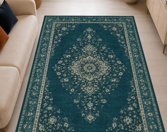 Teal Blue Area Rug, Vintage Floral Medallion Rug, Distressed Traditional Carpet, Elegant Rug for Living Room Bedroom