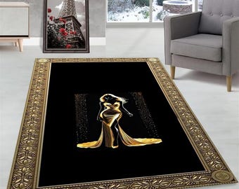 Black and Gold Woman Rug: Medusa Greek Key Design