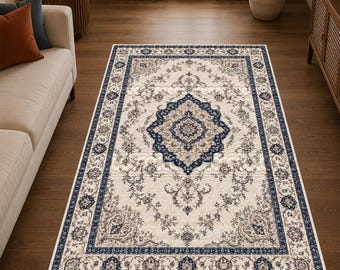 Granatowo-beżowy dywan, dywan w stylu vintage z kwiatowym medalionem, tradycyjny dywan orientalny, elegancki wystrój salonu i sypialni