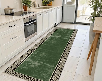 Green Medusa Rug: Dark Gold Greek Key, Modern Floor Carpet