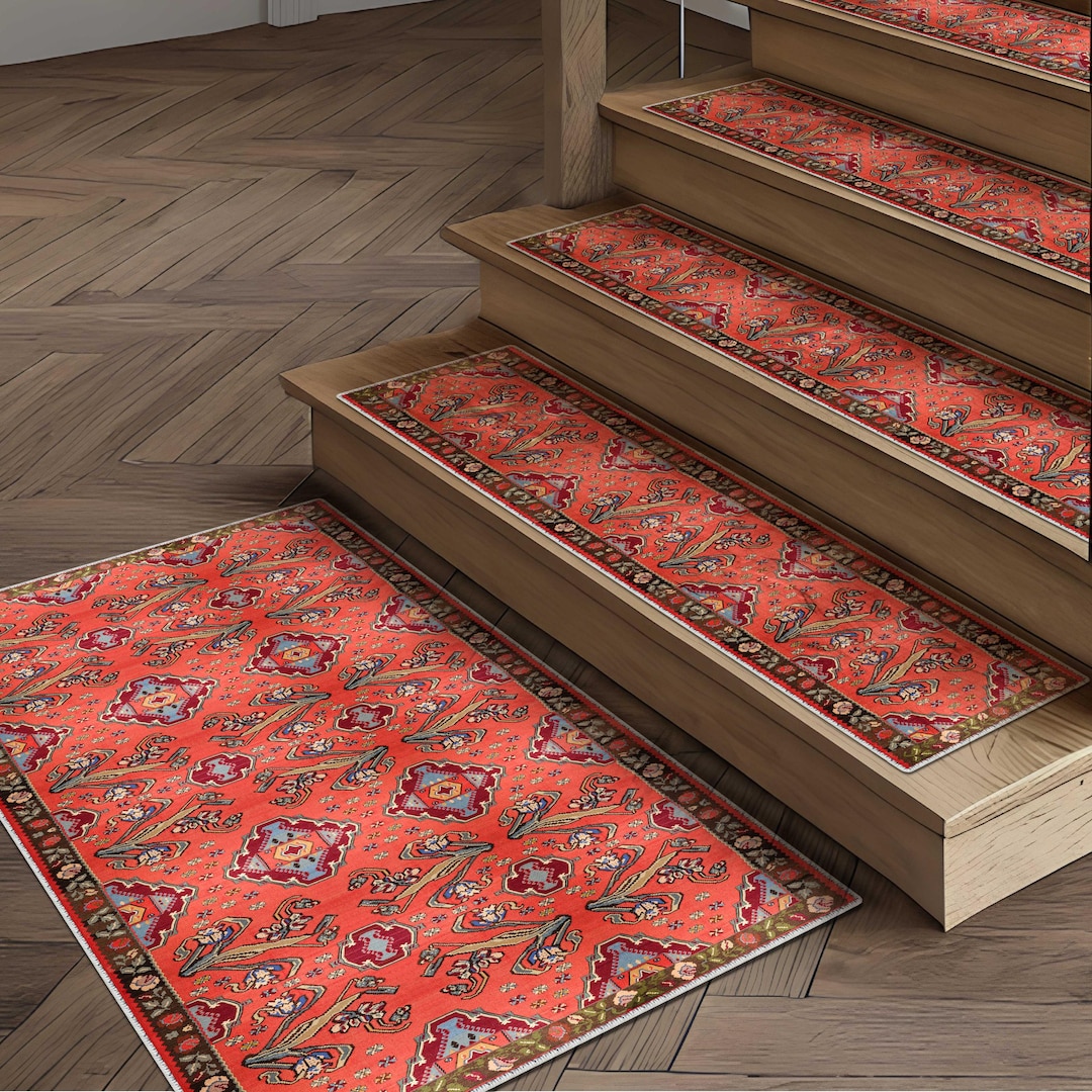 Red Trail Rug Red Bohemian Stair Tread Rug: Vintage Farmhouse Style - Etsy