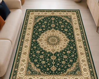 Emerald Green Floral Area Rug, Traditional Vintage Medallion Carpet, Ivory Gold Living Room Rug