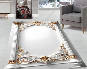 White and Gold Medusa Rug: Modern Greek Key Carpet