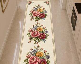 Vintage Floral Runner Rug, Pink Rose Hallway Runner, Cottagecore Flower Rug, Cream Botanical Kitchen Runner, Farmhouse Entryway Rug