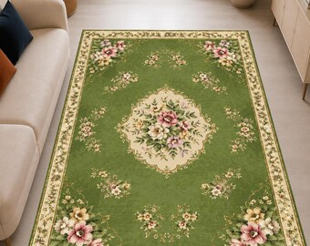 Zielony dywan z motywem kwiatowym, dywan w stylu vintage z motywem botanicznym, oliwkowozielony dywan z motywem kwiatowym, tradycyjny dywan do salonu, wystrój sypialni w stylu cottagecore