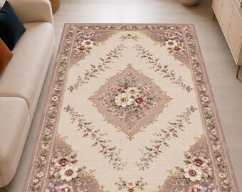 Vintage Floral Area Rug, Dusty Pink & Cream Flower Rug, Romantic Botanical Carpet, Shabby Chic Living Room Rug, Cottagecore Decor