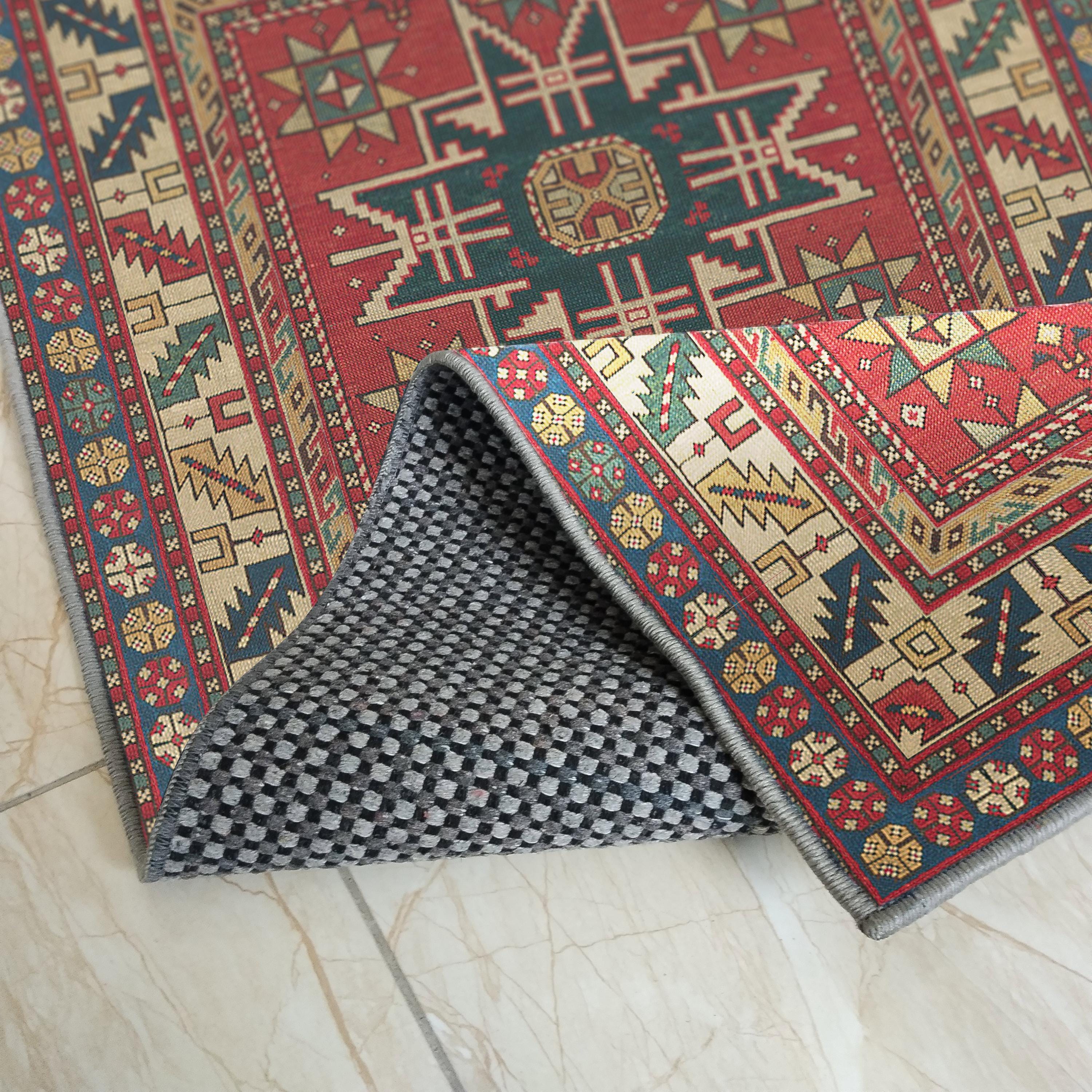 赤いアンティーク調トルコ製ランナーラグ：ボヘミアン・ウシャック