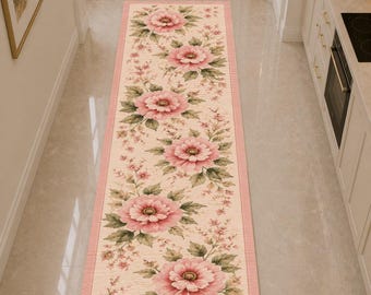 Pink Floral Runner Rug, Vintage Botanical Area Rug, Romantic Cottage Decor, Cream Flower Carpet, Long Hallway Rug