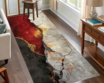 Luxury Red Black Kitchen Runner Rug, Abstract Marble Runner, Gold Accent Hallway Rugs, Modern Washable carpet, Contemporary Home Decor