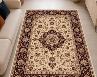 Burgundy Floral Area Rug, Vintage Medallion Carpet, Traditional Cream Brown Rug for Living Room & Bedroom