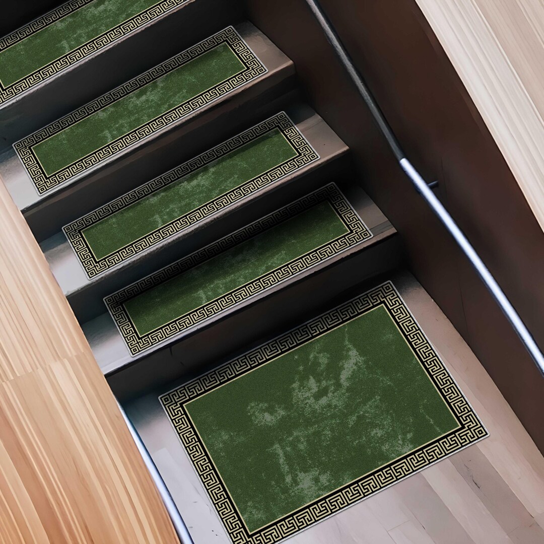 Green Greek Key Stair Tread Rug: Vintage Bohemian Farmhouse - Etsy