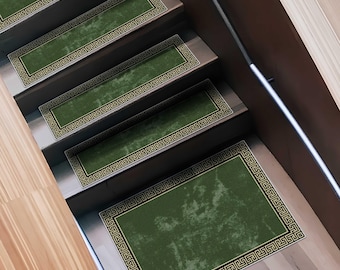 Green Greek Key Stair Tread Rug: Vintage Bohemian Farmhouse
