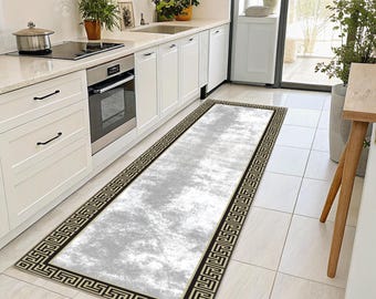 White and Gold Greek Key Rug: Modern Medusa Carpet