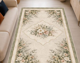 Floral Area Rug, Vintage Botanical Rug, Sage Green Cream Rug, Cottage Decor Carpet, Romantic Bedroom Living Room Rug