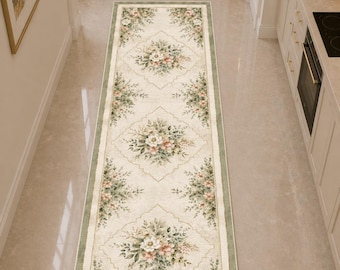Floral Runner Rug, Vintage Botanical Hallway Rug, Sage Green Cream Runner, Romantic Cottage Decor, Long Narrow Area Rug