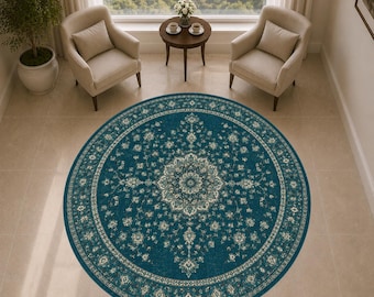 Teal Round Area Rug, Floral Medallion Rug, Vintage Blue Green Carpet, Elegant Round Rug for Living Room Bedroom