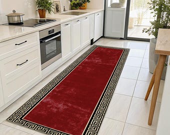 Red Medusa Rug: Gold Greek Key Border, Modern Floor Rug