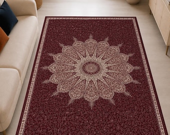 Burgundy Area Rug, Vintage Floral Medallion Rug, Wine Red Traditional Rug, Large Statement Living Room Carpet