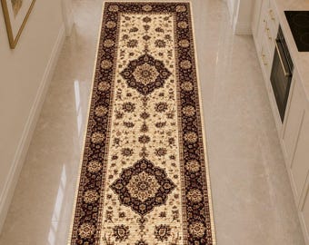 Traditional Oriental Runner Rug, Brown Cream Floral Medallion, Long Hallway Rug