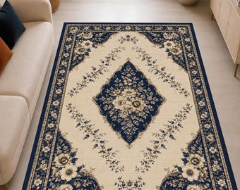 Vintage Floral Area Rug, Navy Blue & Cream Flower Rug, Traditional Medallion Carpet, Elegant Botanical Living Room Rug, Classic Home Decor