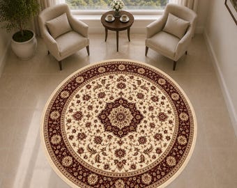 Round Burgundy Rug, Cream Floral Medallion Rug, Vintage Dining Room Rug, Traditional Round Area Rug