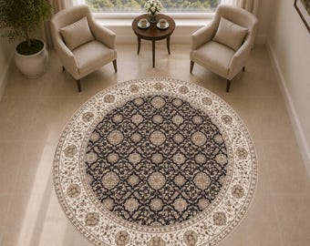 Black Round Rug, Cream Medallion Area Rug, Vintage Floral Round Rug, Elegant Traditional Circular Carpet
