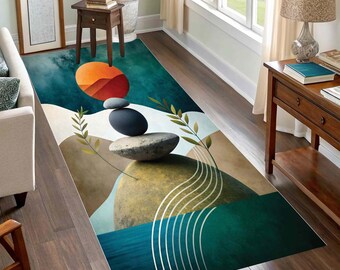 Mid Century Modern Runner  Rug: Abstract Geometric Art, Non-Slip Soft Area Rug