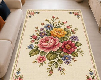 Vintage Floral Area Rug, Pink Rose & Yellow Flower Rug, Cottagecore Botanical Carpet, Traditional Cream Living Room Rug