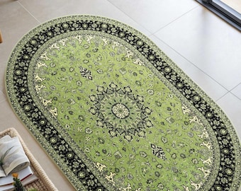 Tapete turco oval, verde-sálvia escuro, floral vintage, antigo desgastado, boho tradicional, rústico autêntico