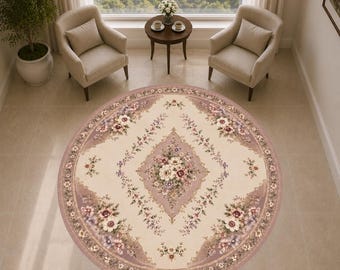 Vintage Floral Round Rug, Dusty Pink & Cream Round Area Rug, Romantic Botanical Flower Rug, Shabby Chic Bedroom Rug, Cottagecore Decor