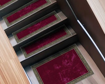 Red Greek Key Stair Tread Rug: Vintage Bohemian Farmhouse Style
