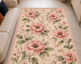 Pink Floral Area Rug, Vintage Flower Rug, Romantic Cottage Decor, Soft Botanical Carpet, Bedroom Living Room Rug