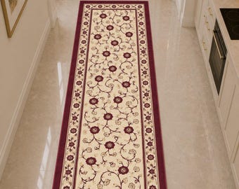 Burgundy Floral Runner Rug, Vintage Beige Hallway Carpet, Traditional Botanical Runner, Elegant Entryway Rug