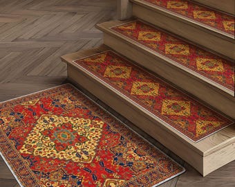 Washable stair treads, Custom sizes step cover, Decorative rug for stairs, Treads with matching landing, Non slip backing step mat