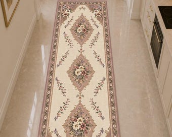 Vintage Floral Runner Rug, Dusty Pink & Cream Hallway Rug, Romantic Botanical Runner, Shabby Chic Entryway Rug, Cottagecore Decor