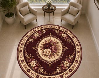 Burgundy Floral Round Rug, Vintage Medallion Area Rug, Dark Red Botanical Carpet, Traditional Round Rug for Living Room and Bedroom