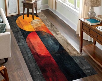 Mid Century Modern Runner  Rug: Abstract Geometric Art, Non-Slip Soft Area Rug