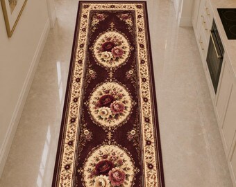 Burgundy Floral Runner Rug, Vintage Hallway Runner, Dark Red Medallion Rug, Traditional Botanical Carpet for Entryway and Kitchen