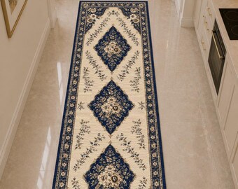 Navy Blue Floral Runner Rug, Vintage Cream Hallway Rug, Traditional Medallion Runner, Elegant Botanical Kitchen & Entryway Carpet